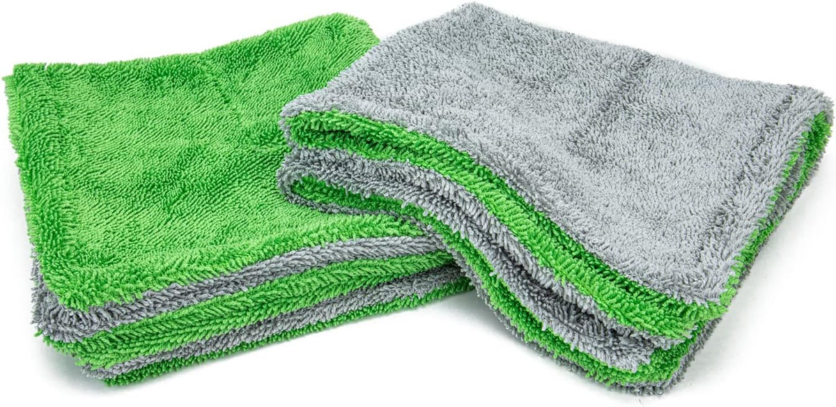 Dreadnought Jr. Microfiber Car-Drying Towel, Superior Absorbency, Trucks and SUVs, Double-Twist Pile, One-Pass Vehicle-Drying Towel - Pack of 2, Green/Gray (16 inch x 16 inch)