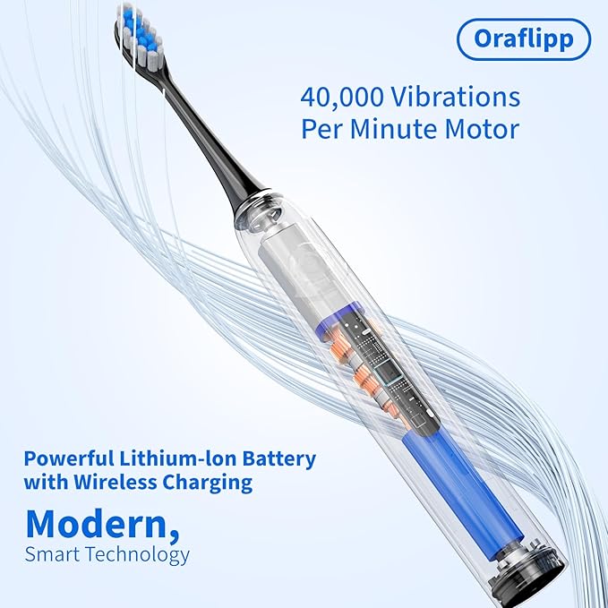 Sonic Electric Toothbrush - 40,000 VPM Power Toothbrush with 5 Modes, Smart Timer & Mode Memory, IPX7 Waterproof, 30 Days Battery Life with Inductive Charger, 8 Brush Head (Black)
