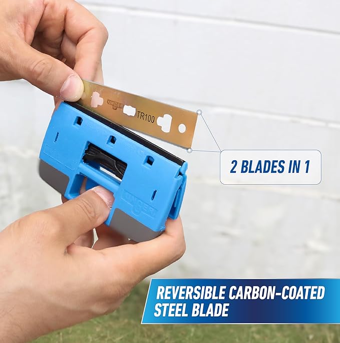 Unger Professional Compact 4” Window and Glass Scraper, Reversible Razor Blade Tool with Retractable Safety Guard, Use for Residue, Stickers, Glue, and Paint on Smooth Surfaces