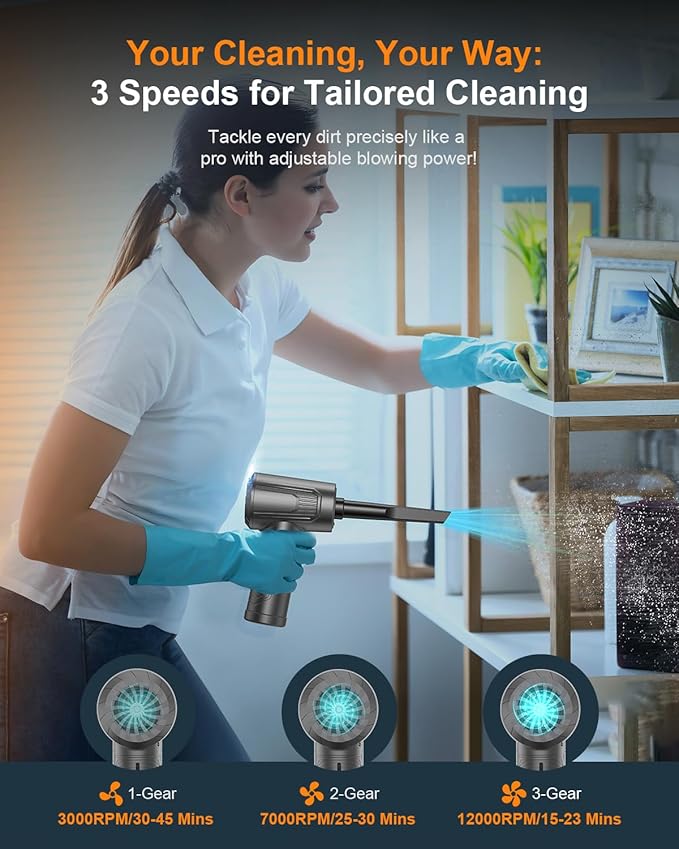 BNKKY 11-in-1 Compressed Air Duster, 3-Gear Adjustable 120000 RPM Electric Air Duster with LED Light, Reusable no Canned Keyboard Cleaner for Office, 9000mAh Cordless Air Duster for Computer/Car
