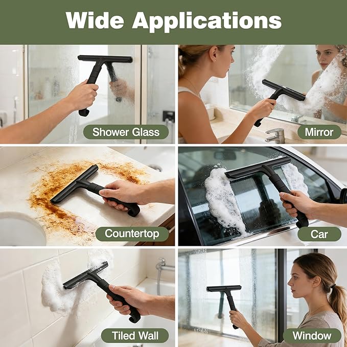 Roylvan Silicone Shower Squeegee, All-in-One Shower Squeegee for Glass Doors with Built-in Hook, Household Window Mirror Cleaner for Bathroom Glass Kitchen Tile Wall Car, Black