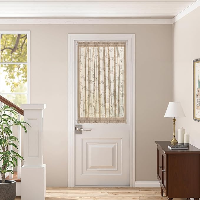 jinchan French Door Curtain Privacy Rustic Leaf Embroidered Semi Sheer Voile Front Curtain for Window Doorway Closet, Door Panel with Tieback Rod Pocket 1 Panel 55W x 40L Inch Beige