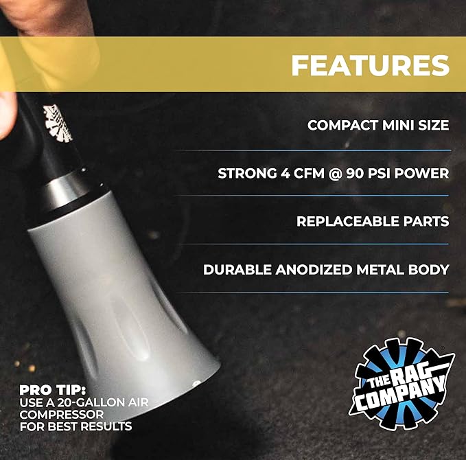 The Rag Company - Ultra Air Blaster Mini - Lift and Blast Dirt and Debris Away for Interior Detailing; Durable and Ergonomic Metal Design; Trigger Operated