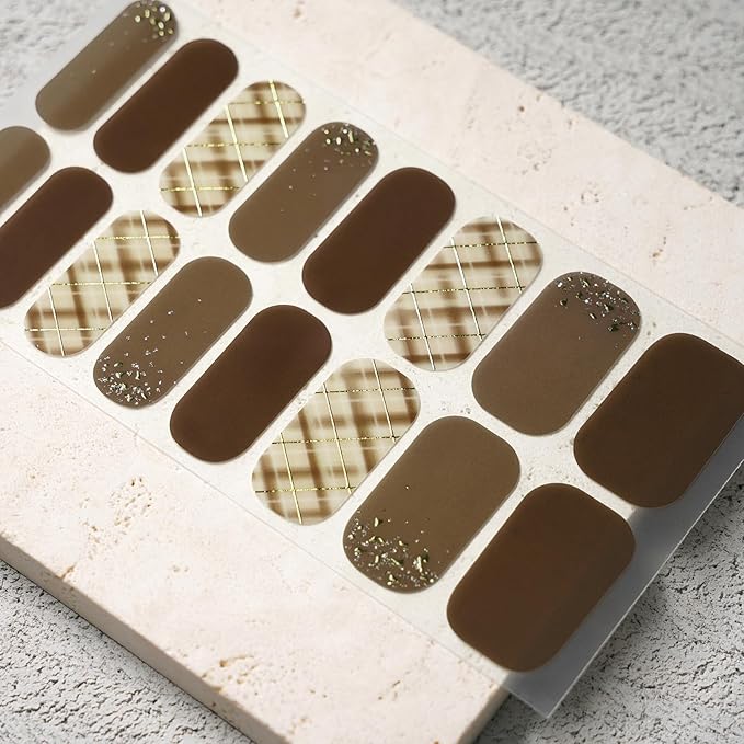 Nail Polish Strips, 32PCS Salon Quality Wraps, Long Lasting Gel Nail Stickers for Women Easy Apply& Remove (Mocha Plaid Brown)