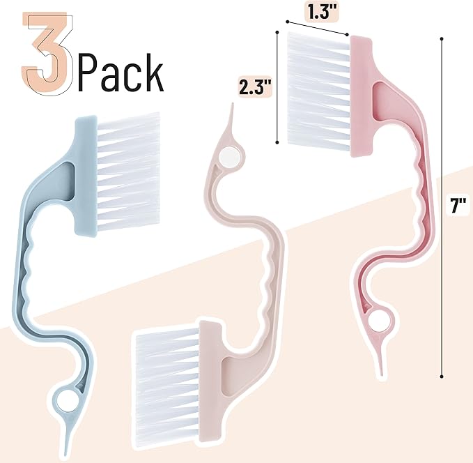 Slick- Window Track Cleaning Brush, 3 Pack, Colorful Ergonomic Handle, Built-in Scraper, Multipurpose, Window Track Cleaning Tools