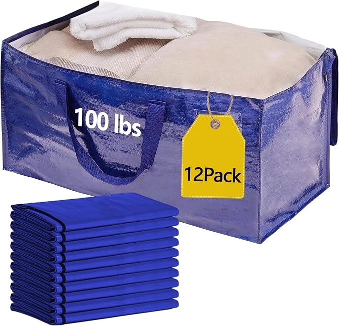 12 Pack Waterproof Moving Storage Bags, 100 lbs Extra Large Heavy Duty Totes with Reinforced Handles & Strong Zippers, R