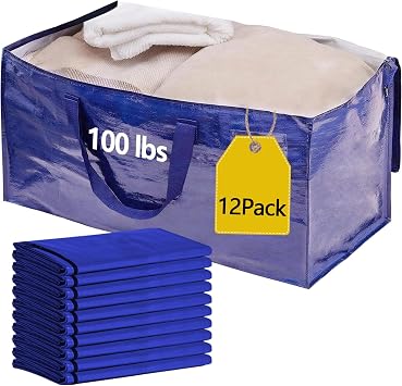 12 Pack Waterproof Moving Storage Bags, 100 lbs Extra Large Heavy Duty Totes with Reinforced Handles & Strong Zippers, R