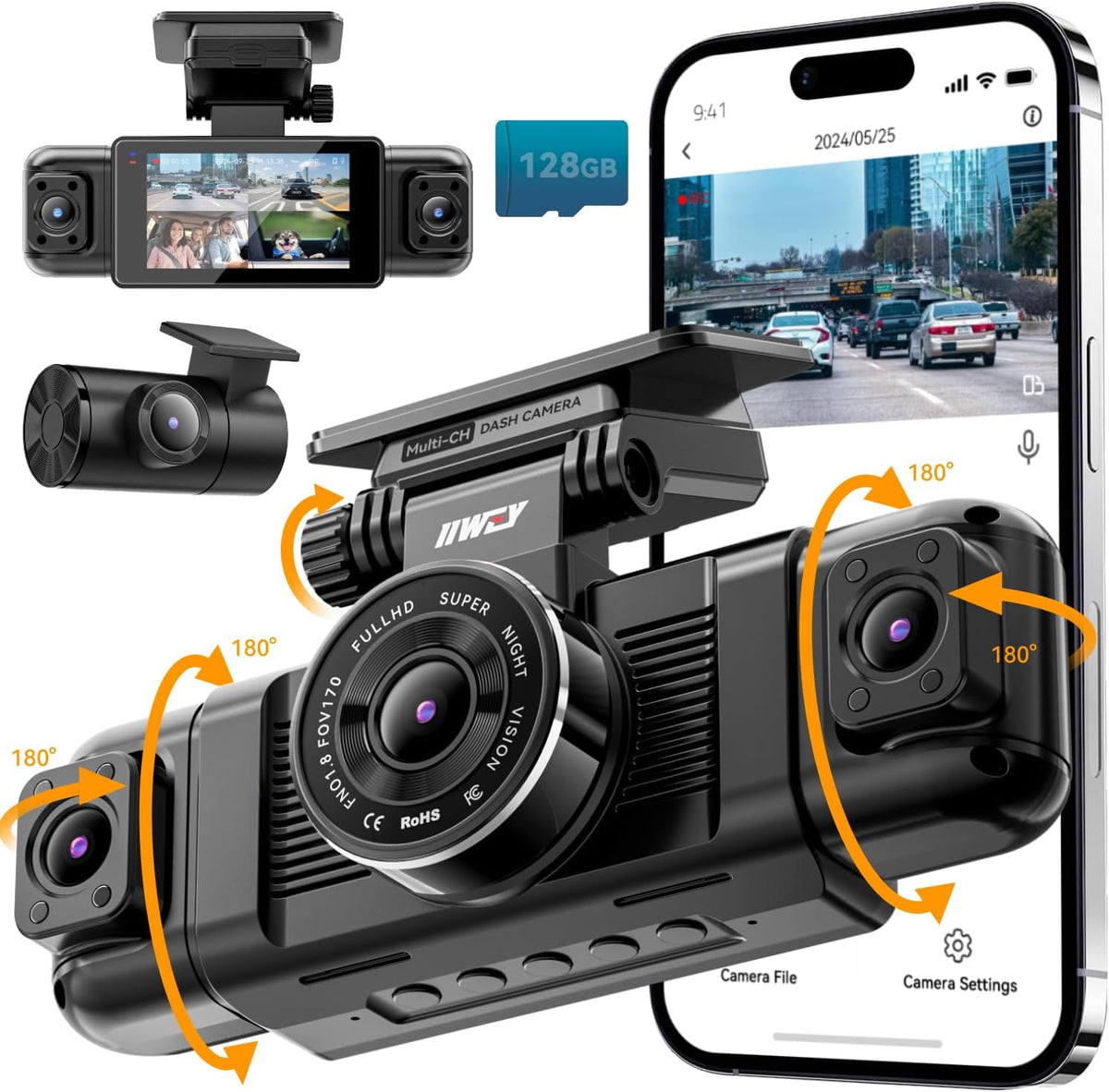 N5 4 Channel Dash Cam for Cars, 360° View 2K Front 1080P Rear Inside