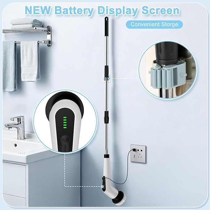 Electric Spin Scrubber, Cordless Cleaning Brush with 8 Replaceable Brush Heads, Shower Scrubber with Adjustable Extension Handle, Waterproof Power Scrubber for Bathroom Tile Floor Tub Car Walls