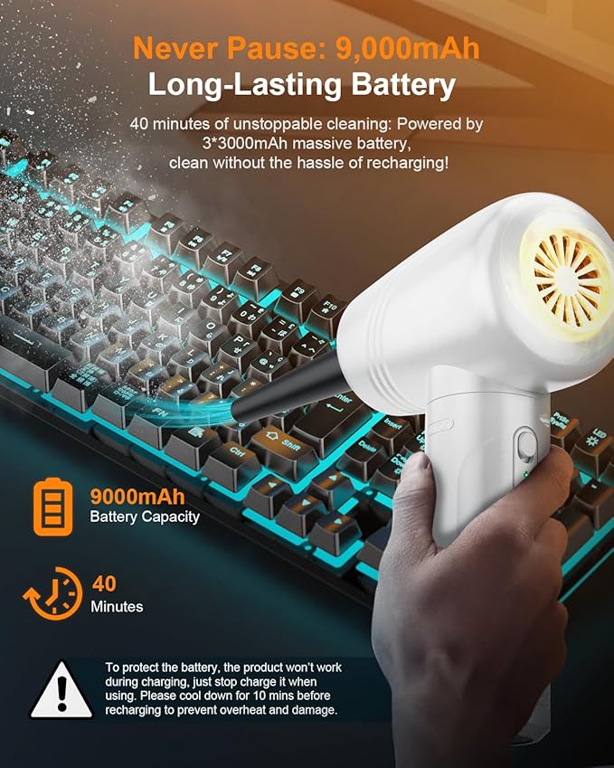 11-in-1 Compressed Air Duster, 3-Gear Adjustable 120000 RPM Electric Air Duster with LED Light, 9000mAh Reusable no Canned Keyboard Cleaner for Office