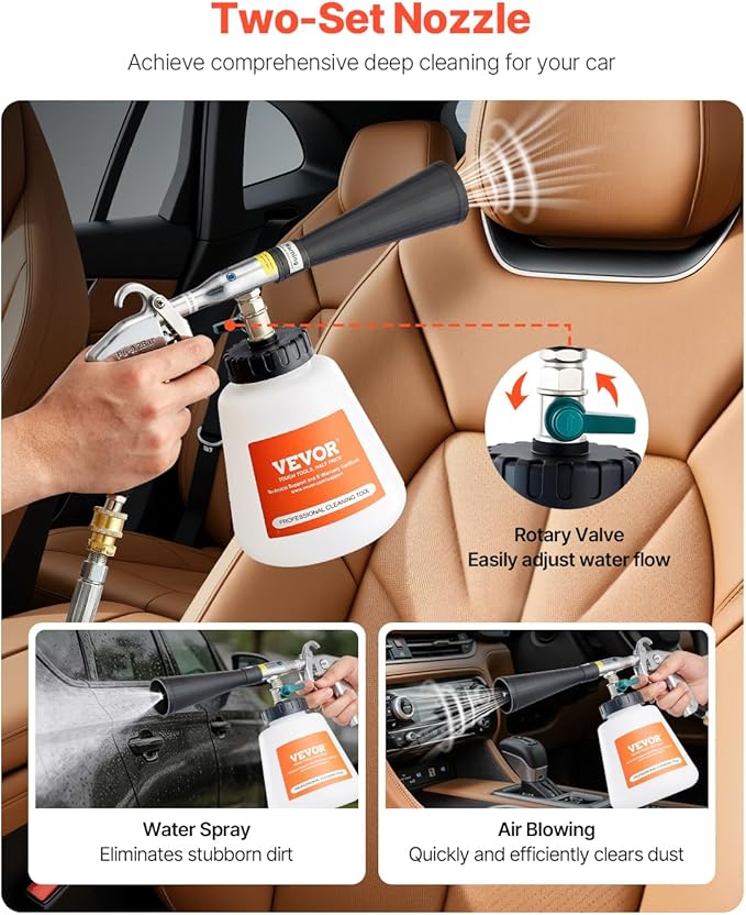 VEVOR Car Cleaning Gun, 6-9.2 Bar High-Pressure Air Blow Gun with 2 Set Nozzles & 1L Liquid Bottle, Vortex Cleaning Gun, Quickly Blasts Dirt and Dust from Surface, Suitable for 1/4 NPT Air Compressor