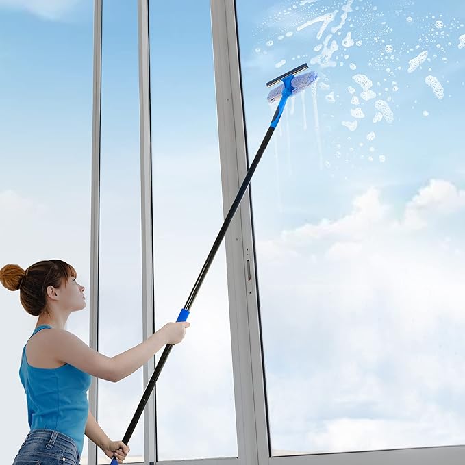 VITEVER Professional 69'' Window Squeegee Cleaner Tool with Extension Pole, 2-in-1 Squeegee for Window Cleaning Kit with Scrubber and Rotating Head, 1 Blade 2 Scrubber