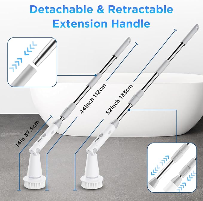 Electric Spin Scrubber, Bathroom Cleaner, Power Shower Cleaning Brush with Extendable Handle & 4 Brush Heads, Shower Scrubber for Bathtub Tile Grout Kitchen Window and Floor