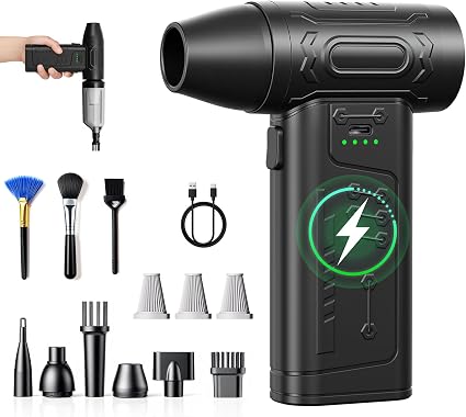 fourq Compressed Air Duster,Mini Vacuum Cleaner 2-in-1,4000 mAh,130,000 RPM Brushless Motor,8000Pa，120MPH/1.1LB Thrust C