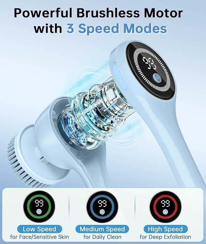 Electric Body Brush Back Scrubber for Shower, Waterproof Rechargeable Auto Bath Brush with Long Handle, 5 Replaceable Heads & 3 Speeds, Deep Cleansing Exfoliating Massage Spin Scrubber for Men & Women