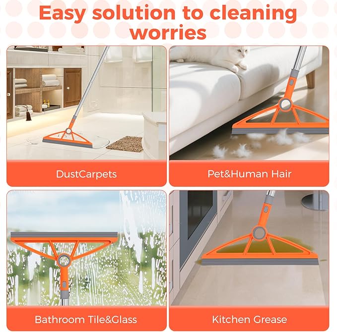 wlich 2-in-1 Air Broom, 180° Rotating 54 Inch Adjustable Silicone Rubber Broom Includes 2 Scraping Strips, Sweep and Silicone Tools with Long Handle for Cleaning Bathrooms,Glass,Tiles,Pet Hair