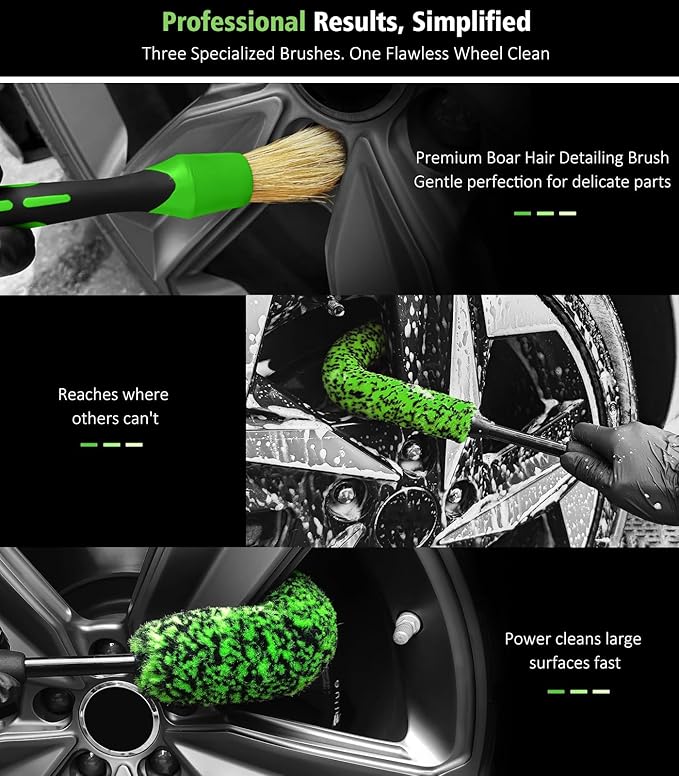 YeewayVeh 3PCS Quick Car Wheel Brush Kit, 2-Size 360° Bendale Rim Cleaner Brushes, Boars Hair Detailing Brush, Fast Scratch-Free Cleaning for Car Wheels, Motorcycle, Green