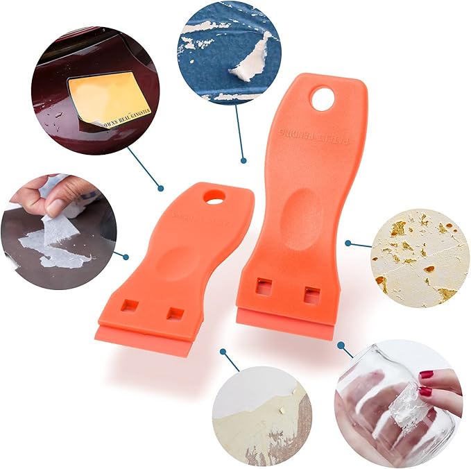 FOSHIO 2PCS Orange Plastic Razor Blade Scraper Tool and 100PCS Orange Plastic Blades for Gasket Remover, Sticker Remover, Labels Decal and Adhesive Remover for Windows and Glass