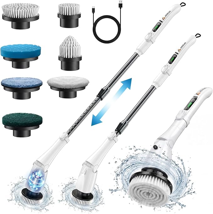 Electric Spin Scrubber, Power Cleaning Brush with 3 Speed Modes LED Light, 7 Replaceable Heads Cordless Shower Scrubber, Long Handle Extendable Scrubber for Bathroom, Floor, Tub, Tile, Grout