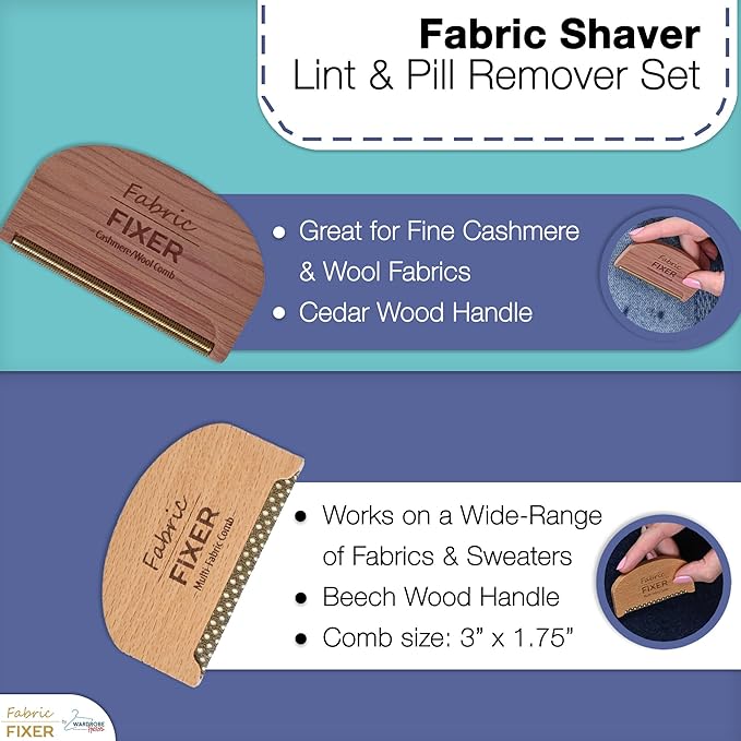 Cashmere Pill Remover Comb & Multi Fabric Shaver Depilling Sweater Fuzz Comb Set (Cedar & Beech Wood) Wool Pilling Remover for Delicate Clothing Fabrics, Furniture, Pillows, Sheets by Fabric Fixer