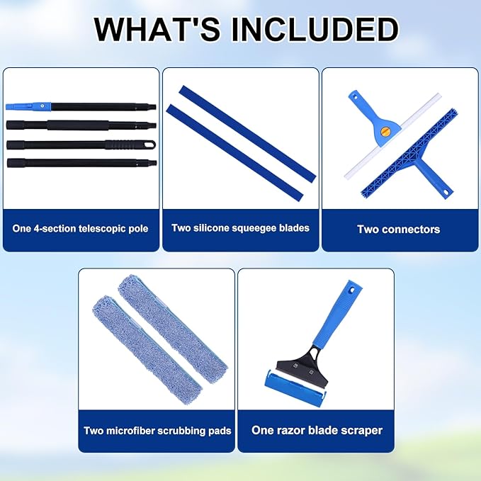 3-in-1 Professional Window Squeegee Kit with 2 Squeegee, 2 Microfiber Scrubber, 1 Razor Scraper, Thick Iron, 63.4" Window Squeegee with Extension Pole for Car, Glass, Mirror, Wall, Bathroom, Home, Van