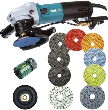 Makita 4 Inch Polisher - PW5001C Wet Polisher - 7pc set of 4" wet Marble Pads - black and white buff pads - water connec