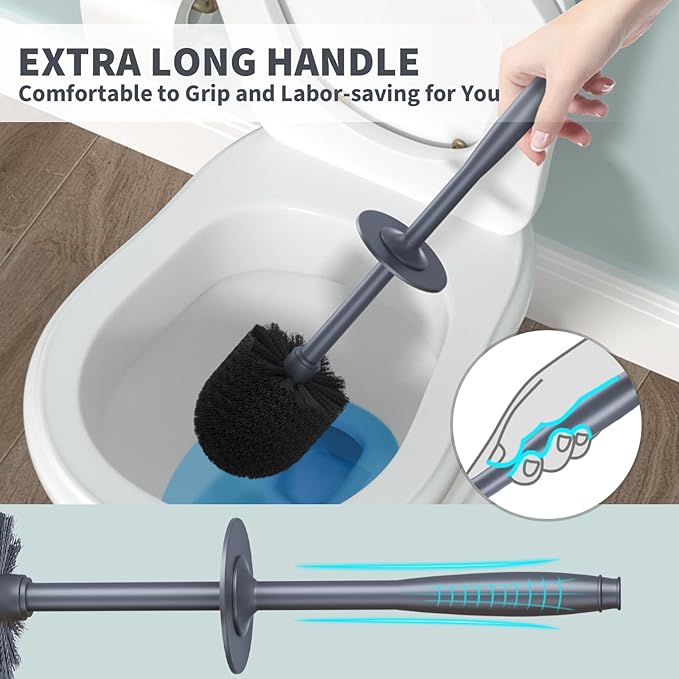 Toilet Brush, Toilet Bowl Brush with Extra Long Handle Durable Bristles Toilet Scrubber and Covered Holder for Toilet Brush Set for Bathroom Cleaning (Gray, 1 Set)