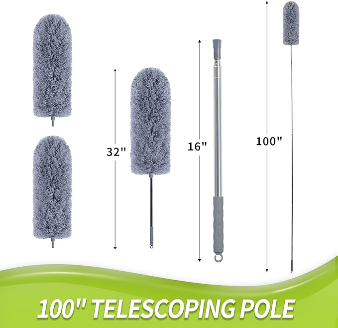 IVYROLL Duster with Extension Pole for Cleaning (2 Microfiber Heads Kit), 100" Long Feather Duster for High Ceilings with Washable Head, Cleaning Supplies for Housekeeping, Ceiling Fan, Furniture