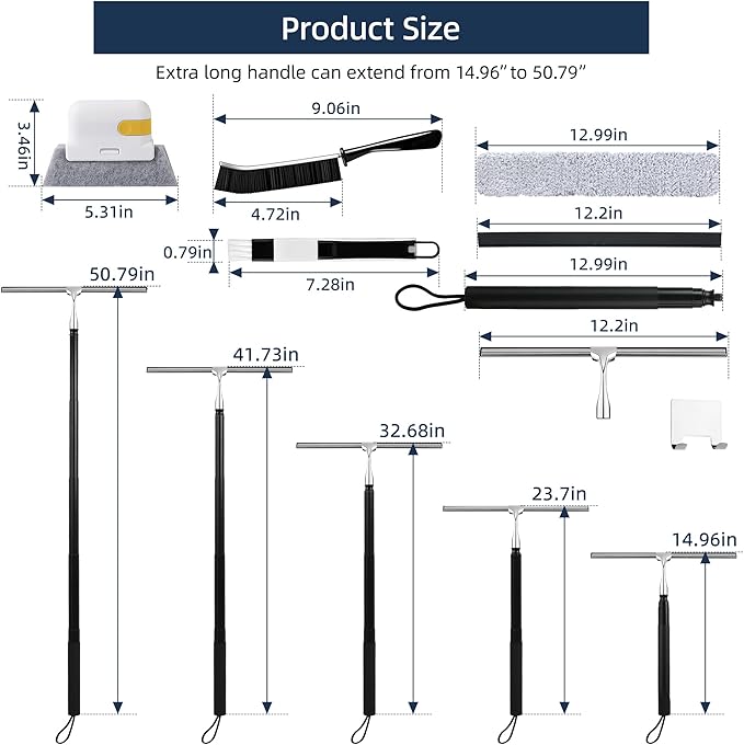 12-51’’ Telescopic Window Squeegee for High Windows, 2-in-1 Window Cleaning Kit with Extra Silicone Blade & Hook, Professional Squeegee for Shower Glass Doors (Window Squeegee Set)