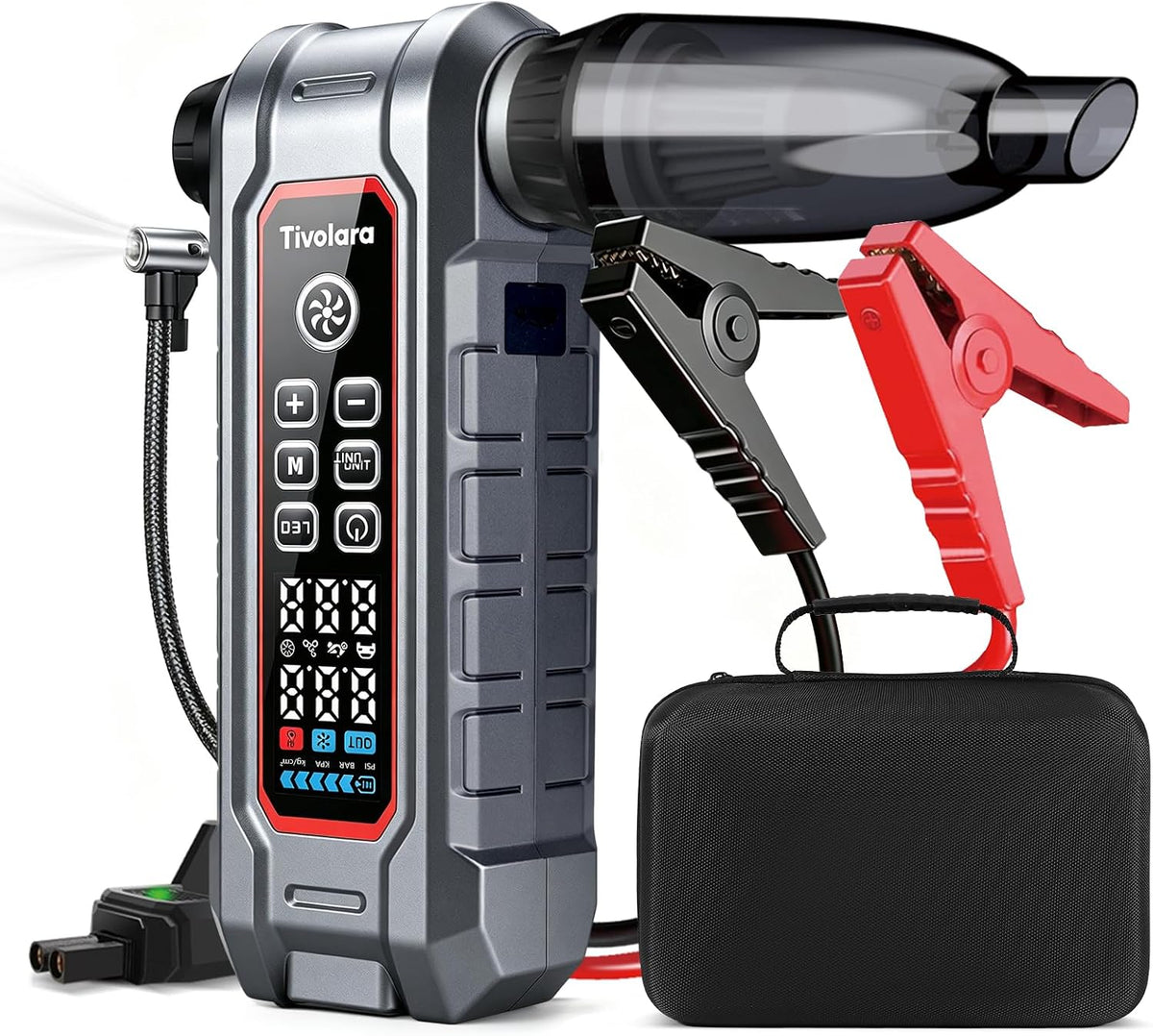 Car Jump Starter with Air Compressor and Vacuum Cleaner, 12000mAh Portable 12V Battery Jump Starter, Car Battery Booster with LED Light for Gas and Diesel Engines