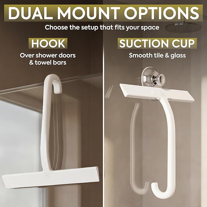 GÜTEWERK Shower Squeegee for Glass Doors – Bathroom Squeegee for Shower Glass & Tile Walls, Streak-Free & No-Squeak Silicone Blade, Stainless Steel Core, Hang Hook + Suction Cup, White, 10 Inch