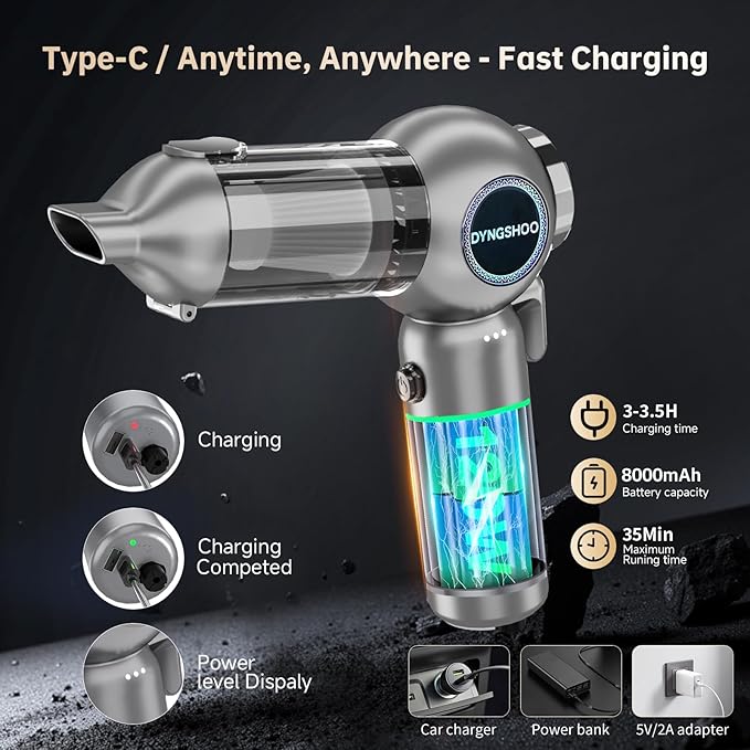 Handheld Car Vacuum Portable Cordless with One-Touch Window Breaker and Seatbelt Cutter 25000Pa High-Power Suction Hand Held Vacuum Cleaner & Air Duster for Car Cleaning (Silver Gray)