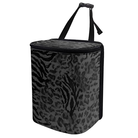 Black Leopard Car Trash Can, Waterproof Car Garbage Can with Lid and Zip Clouse, Leak Proof Portable Car Trash Bag Hangi