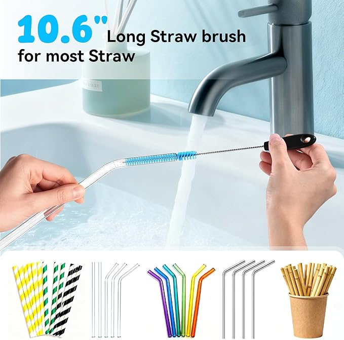 Bottle Brush Set with Straw Cleaner Brush and 3 in 1 Cup Lid Cleaning Brush, Water Bottle Cleaner with Long Handle for Cleaning Narrow Neck Beer, Cup, Wine Glasses, Tumblers, Baby Bottles