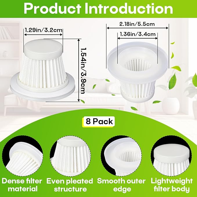 8-Pack HEPA Vacuum Filter Replacement with Cleaning Brush Compatible with KMM LT-117C Handheld Car Vacuum Cleaner, Washable & Reusable