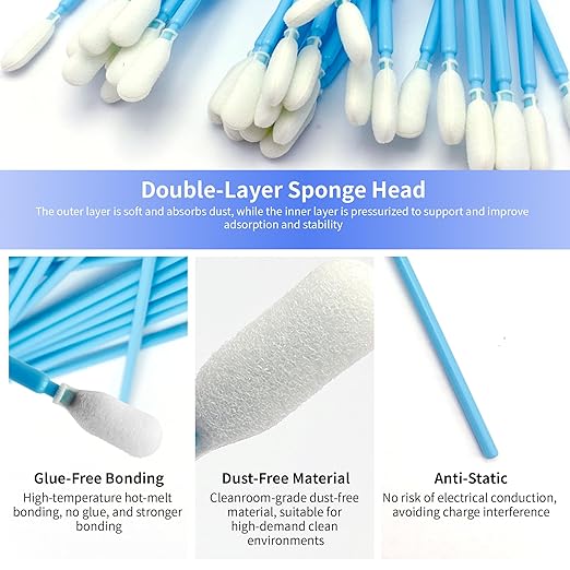 100 Pcs Solvent Resistant Professional Lint Free Swabs, 6.37" Long Handle Foam Swabs for Electronics, Camera Sensors, Printers, Optical Lenses
