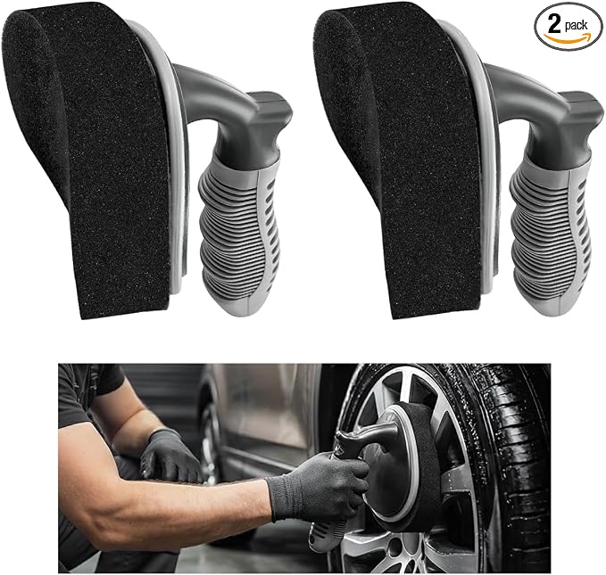 2 PCS Car Tire Shine Applicator, High-Density Sponge Tyre Dressing Applicator Pad with Curved Handle, Reusable Wheel Pol
