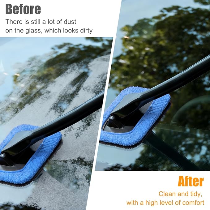 Car Windshield Cleaning Tool, Microfiber Vehicle Window Cleaner with 5 Washable Reusable Cloth Pad & 1 Spray Bottle, Automotive Glass Wiper Cleaning Kit Accessories, Universal Fit (Blue)
