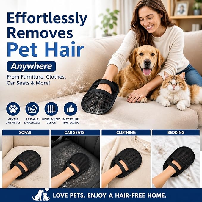 Pet Hair Remover Glove 2-Pack for Couch, Carpet, Bed, Car Seat & Clothing, Reusable Electrostatic Tool for Cat & Dog Hair
