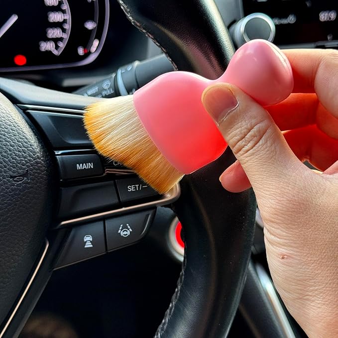 Car Detailing Brush, Soft Bristle Cleaning Brush, Scratch-Free Auto Duster Tool for Dashboard, Air Vents, Leather & Interior Cleaning (Pink&Brown with Cap)