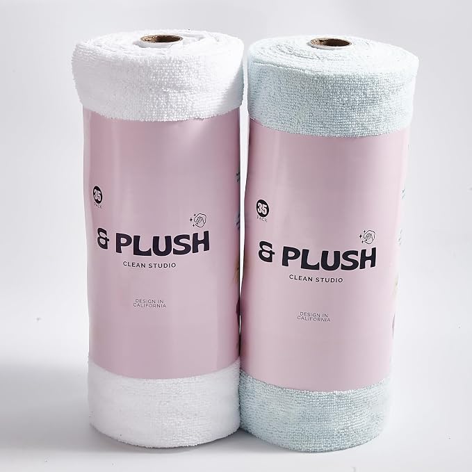 & PLUSH Microfiber Cleaning Cloth Roll - 70 Pack, Tear Away Microfiber Towels, 12" x 12", Reusable, Washable, Streak Fre