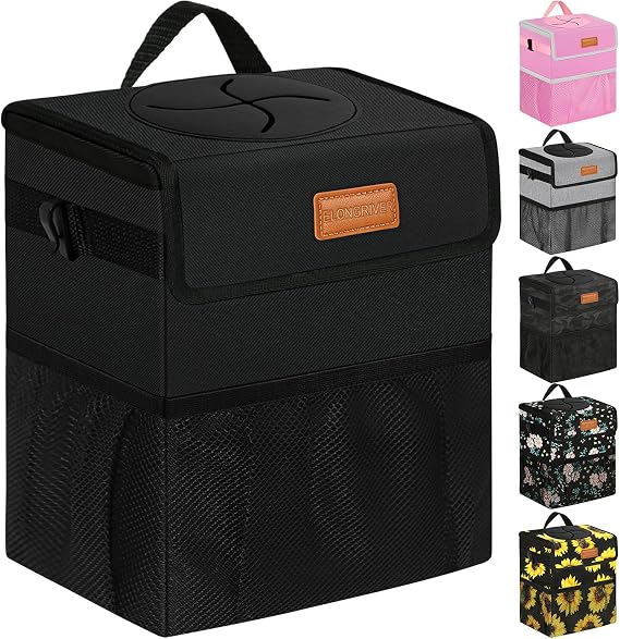 ELONGRIVER Leak Proof Car Trash Can with Lid Large Black