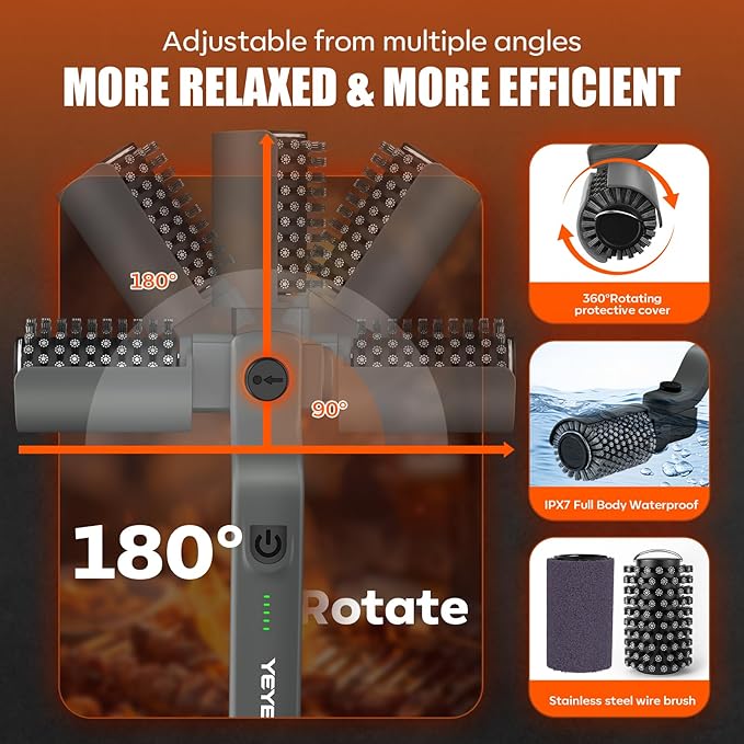 YEYES Electric Grill Brush for Outdoor Grill - Cordless Rechargeable BBQ Cleaner with 7-Angle Adjustable Head, 2600mAh Power Rotary Grill Cleaning Brush for Gas Charcoal Grates (Gray)