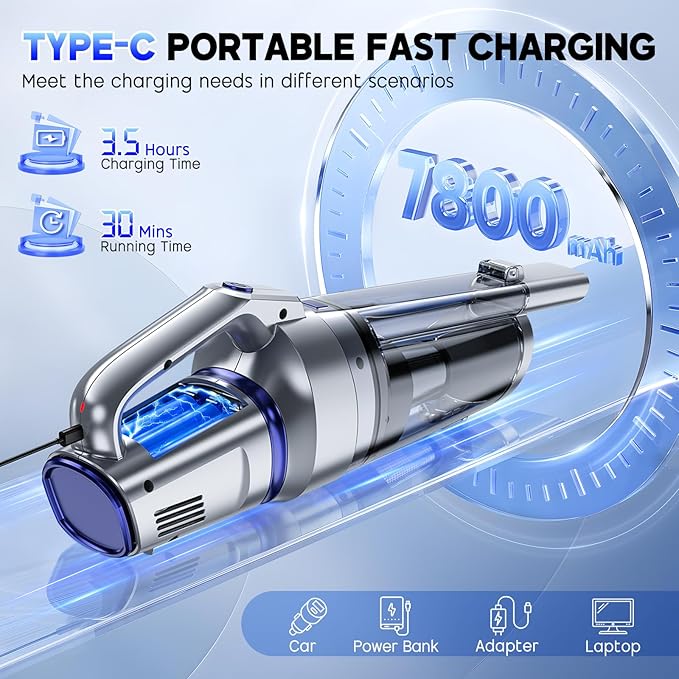 Gxzsk Handheld Vacuum Cordless, 16000PA Strong Suction Hand Held Car Vacuum Cleaner, Portable Hand Vacuum Rechargeable with Multi-Nozzles & LED Light for Home, Car, Office, Pets