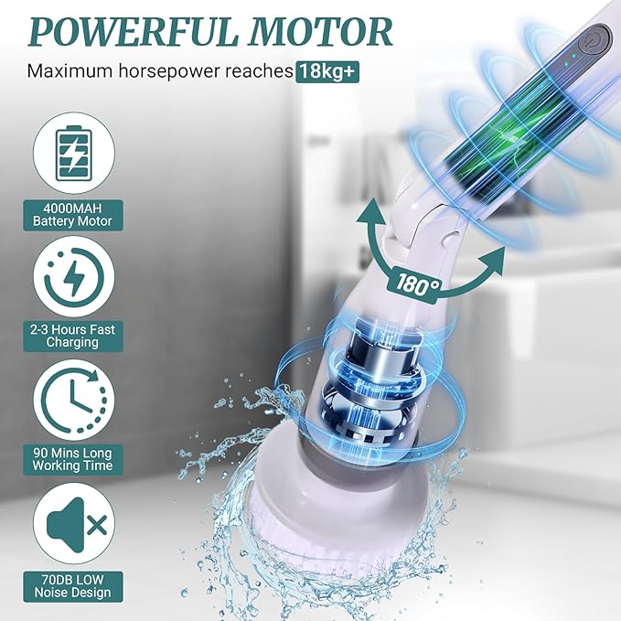 Electric Spin Scrubber, IPX7 Waterproof Shower Cleaning Brush with 8 Replaceable Brush Heads, Extendable Long Handle and 2 Adjustable Speeds Tools White