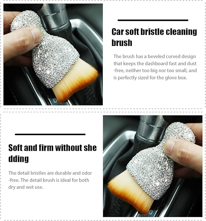 zipelo Auto Interior Dust Brush, Car Detailing Cleaning Brush with Diamond, Bling Handle Soft Bristles Dusting Tool, Scratch Free Dirt Clean Brushes for Vehicle Dashboard, Air Conditioner Vent (White)