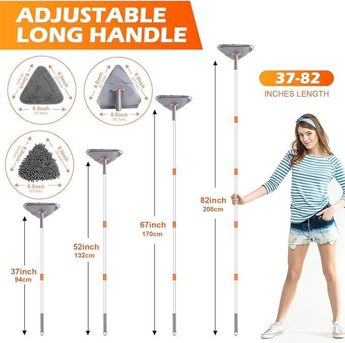 Wall Cleaner Triangle Mop with 82'' Long Handle - Wall Scrubber, Cleaning Washer Tool with 4 Microfiber Chenille Duster Pads for Clean Walls, Ceiling, Windows, Baseboards, Floors (Gray, 4 Pads)