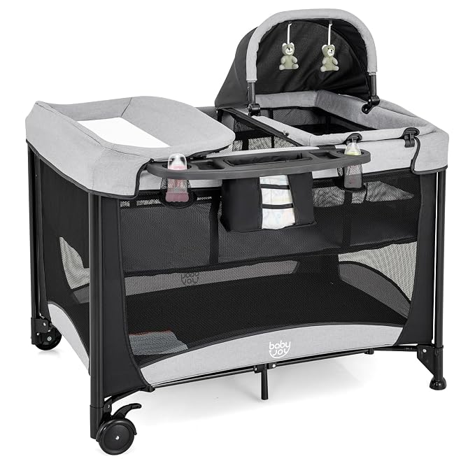BABY JOY 4 in 1 Pack and Play, Portable Baby Playard with Bassinet, Diaper Changing Table, Bag, Infant Bassinet Baby Cri