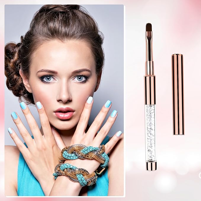 Hariendny 2Pcs Oval UV Gel Nail Brush Rhinestone Handle Nail Art Design Brushes Nail Drawing Pen Gel Brushes for Nails, rose gold