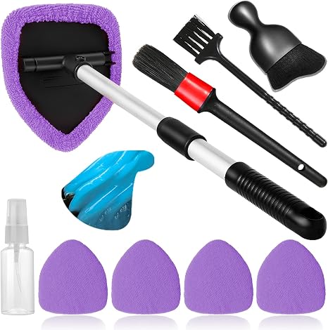 Qydipclin 10pcs Windshield Cleaner Tool, Car Window Cleaning Wash Kit with 4 Reusable Microfiber Pads 1 Spray Bottle and